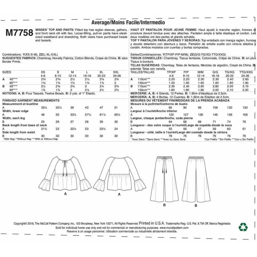 McCalls M7758 Nicole Miller Misses‎ Top & Pants Sewing Pattern Sizes XS-MED